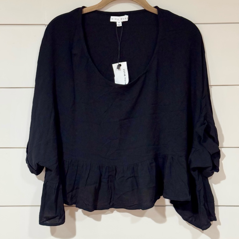 NEW MIOU MUSE Black Woven Ruffled Top Size XS